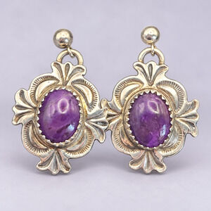 Alex Sanchez Sterling Silver Purple Sugilite Dangle Earrings Navajo Zuni Signed
